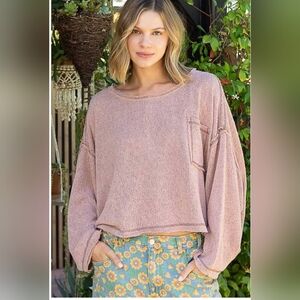 POL Round Neck Chest Pocket Cut Sew Sweater Knit Top